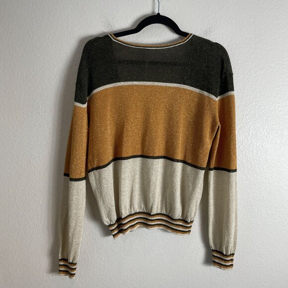 Free People Womens Medium Metallic Deep V Neck Sweater Gold Dust Pullover Top - Picture 13 of 14